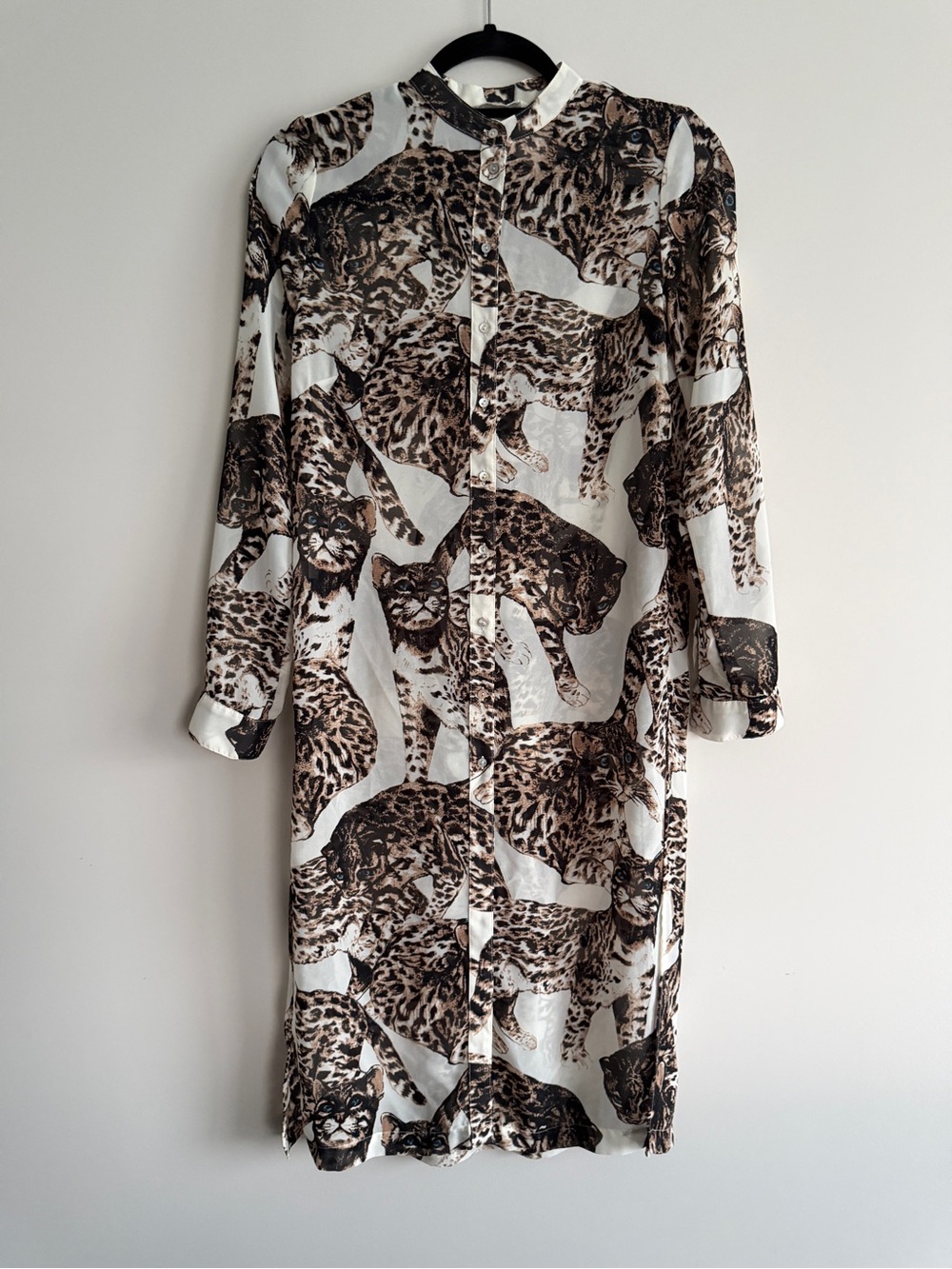 H&M Bengal Cats Print Long Sleeve Shirt Dress - White and Brown